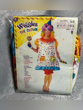 Wiggles the Clown Adult Costume XL Size 16-18 Halloween Circus Dress W Hoop